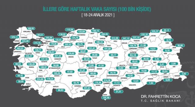 Sağlık Bakanı Koca, haftalık vaka haritasını paylaştı